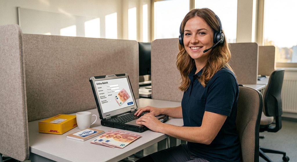 CallCenter-Agentin mit Laptop und Onlineantrag